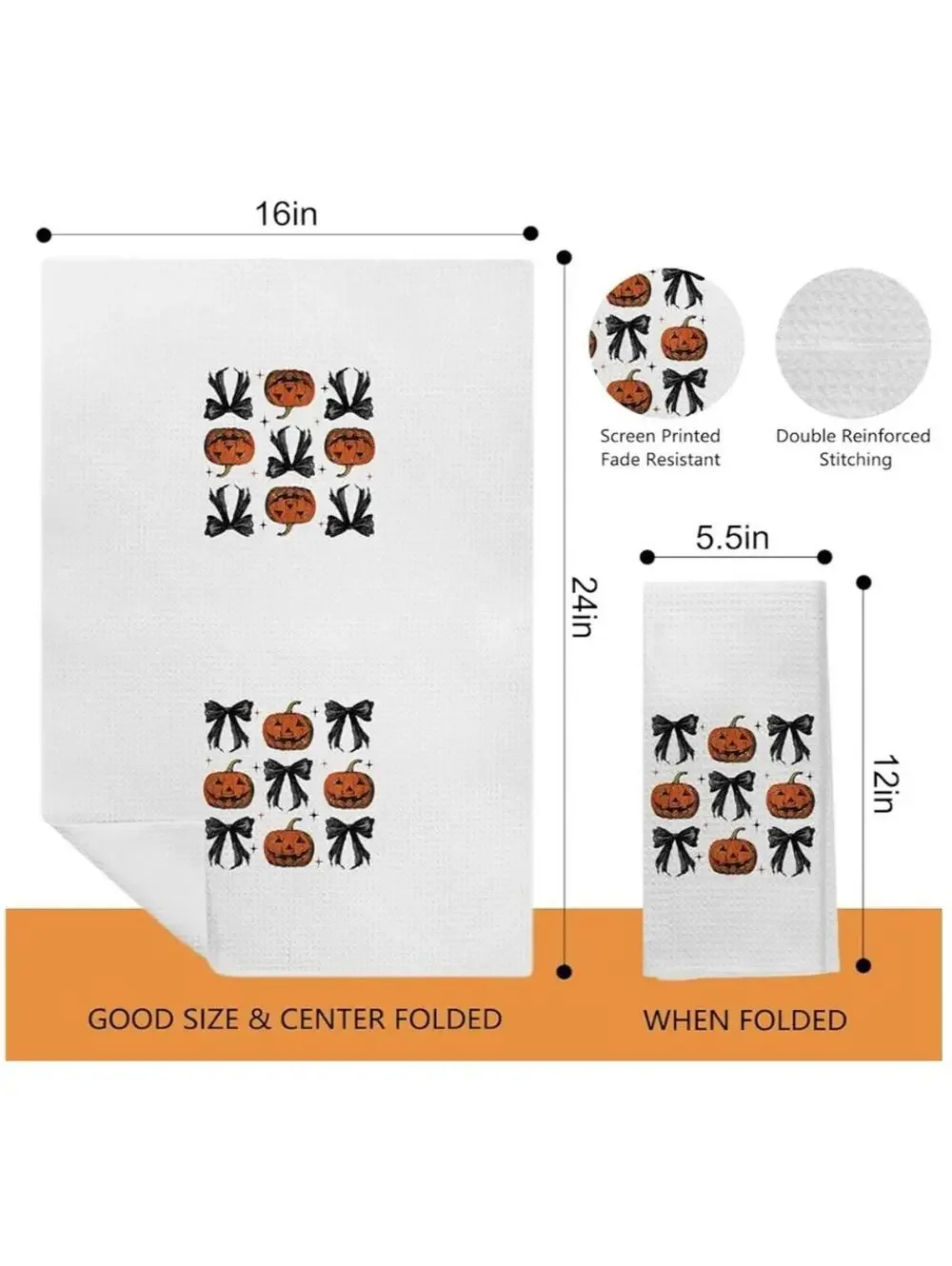 Halloween Kitchen Hand Towels Black Pumpkin & Coquette Bow